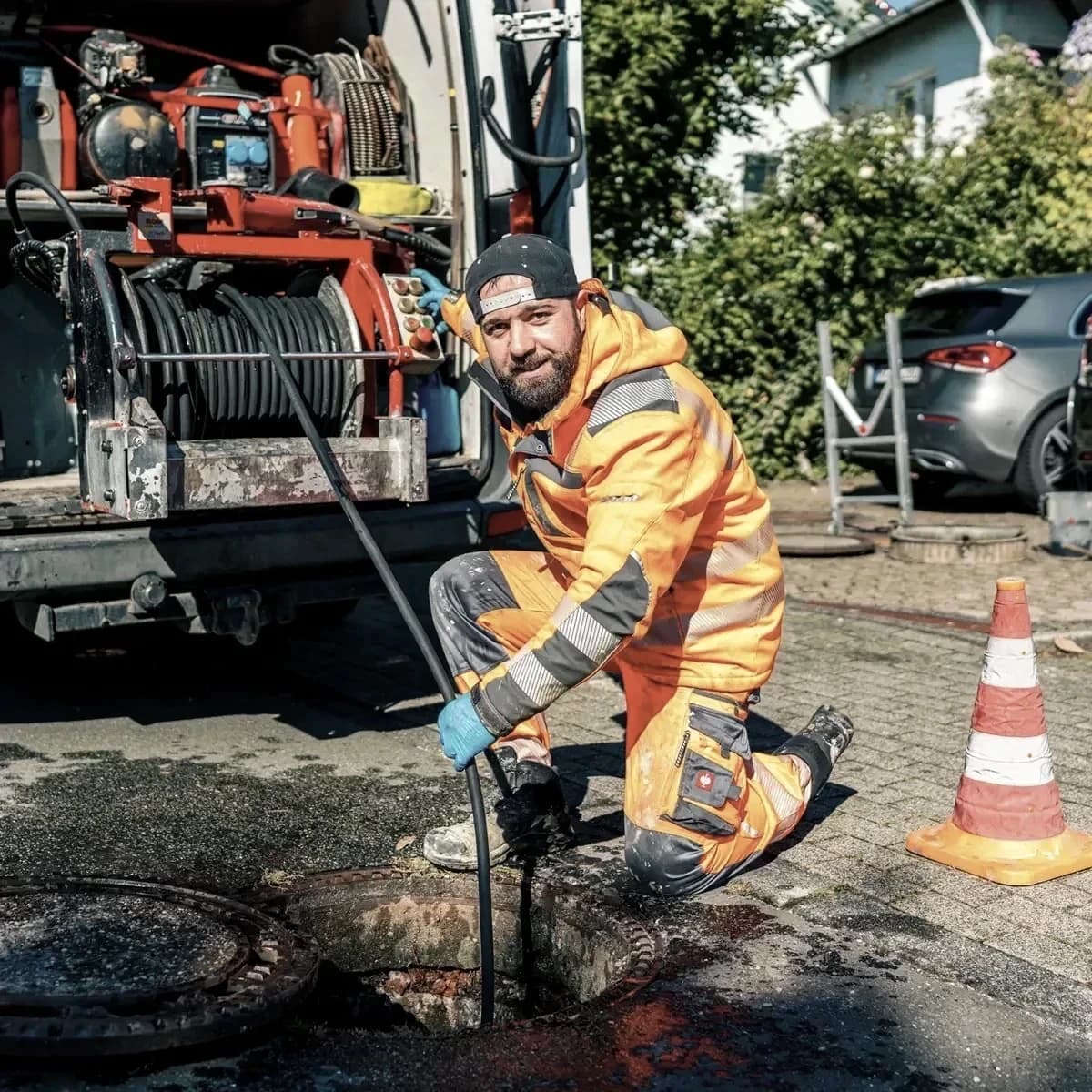 Monteur von Menke Umweltdienste spült die Grundleitung vom Schacht aus