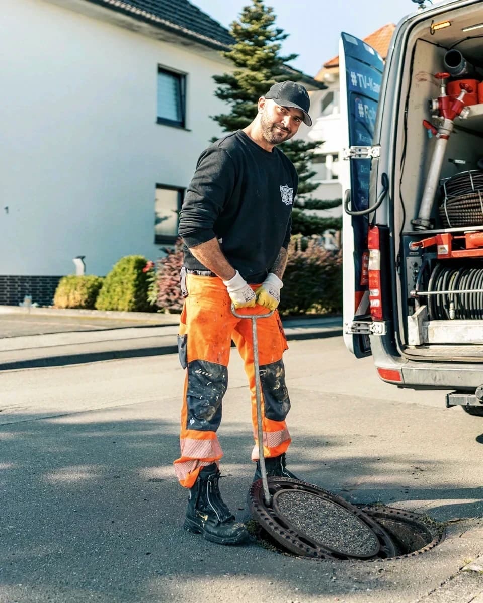 Monteur von Menke Umweltdienste öffnet den Schachtdeckel vor dem Einsatzfahrzeug