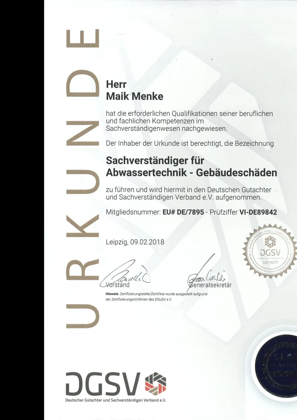 Urkunde Sachverständiger für Abwassertechnik, ausgestellt vom Deutschen Gutachter und Sachverständigen Verband